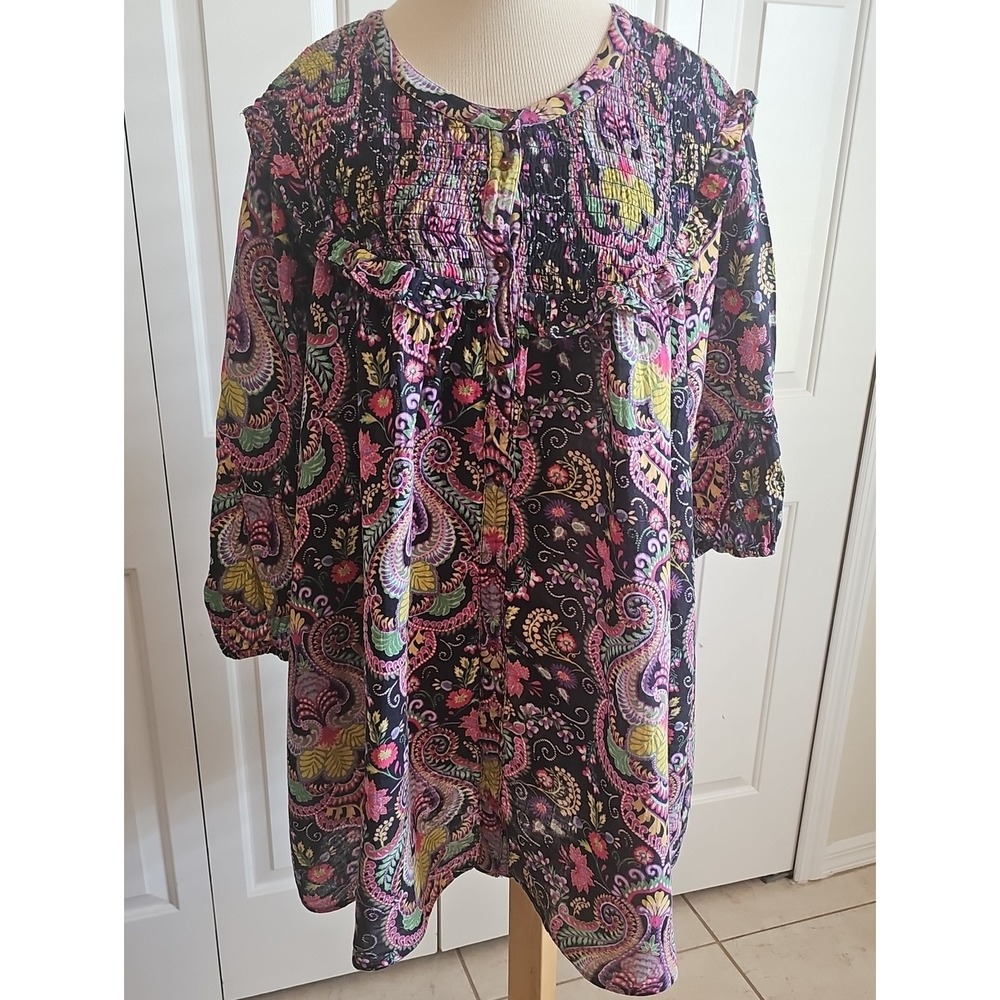 Free People Paisley Smocked Ruffle Mini Dress Womens Size S Black Multi Boho